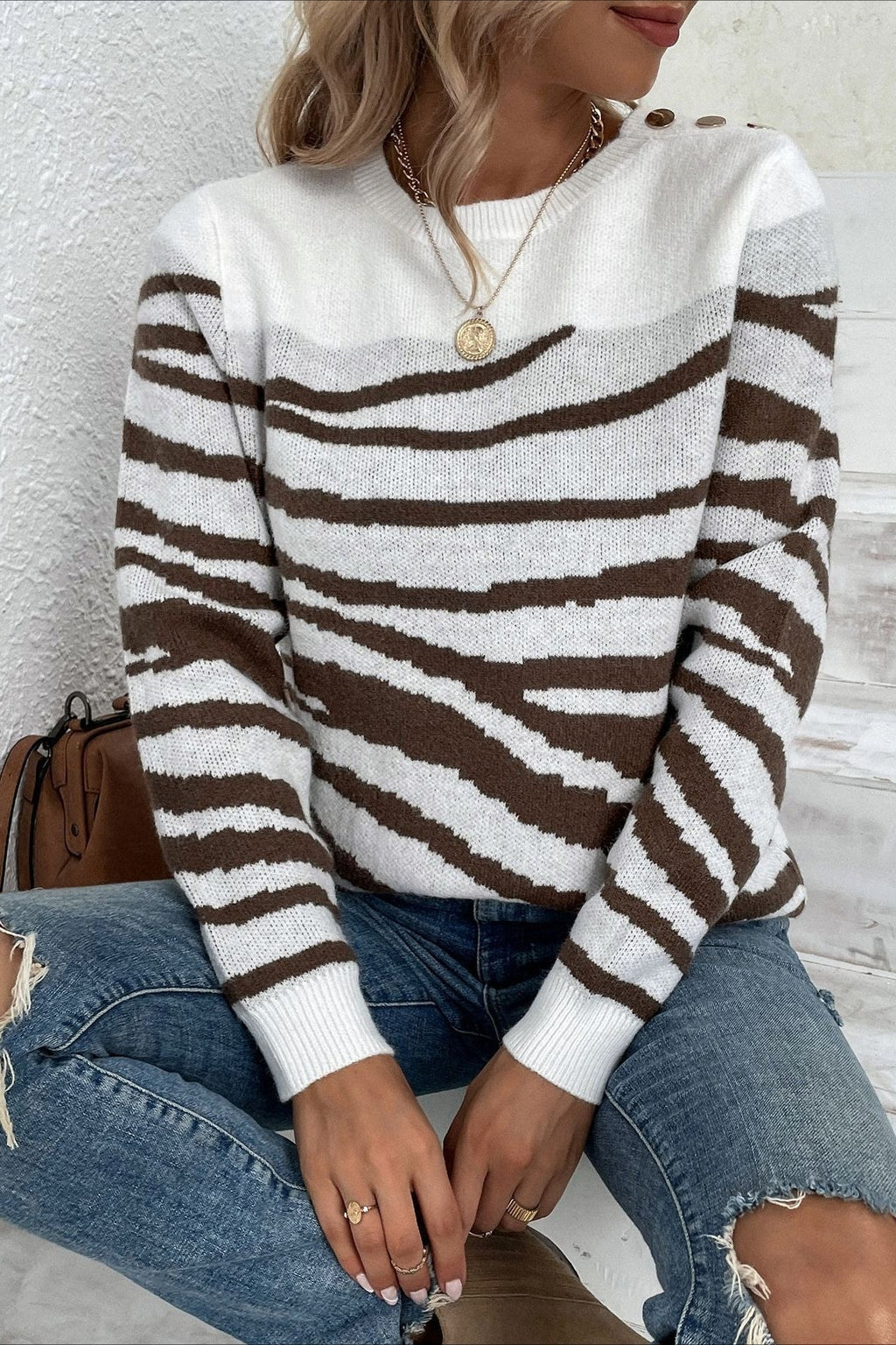 Zebra Colorblock Button Shoulder Sweater