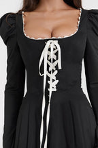 Black and White Ruffle Neckline Tie Waist Mini Dress