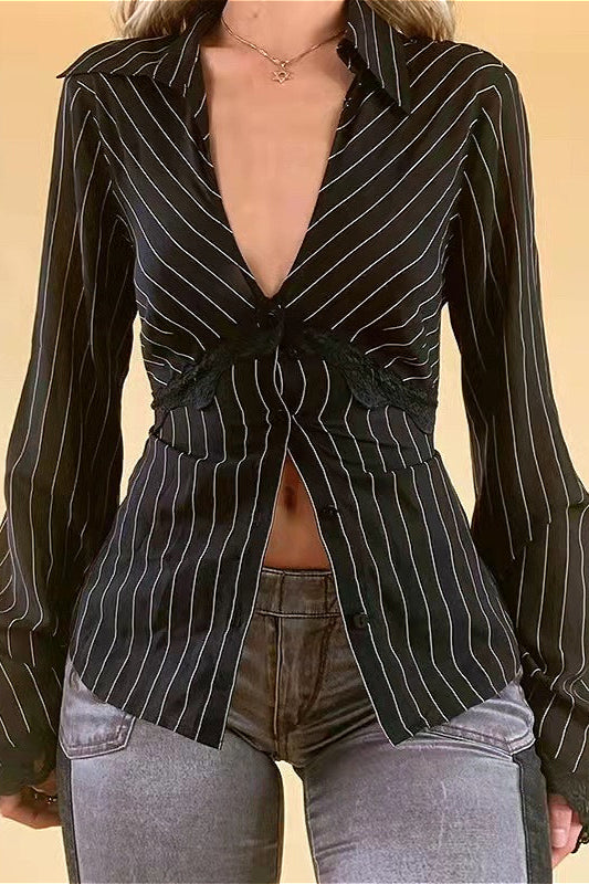 Vintage Striped Lace Contrast Blouse