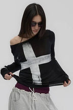 Cross Print Asymmetrical T-Shirt