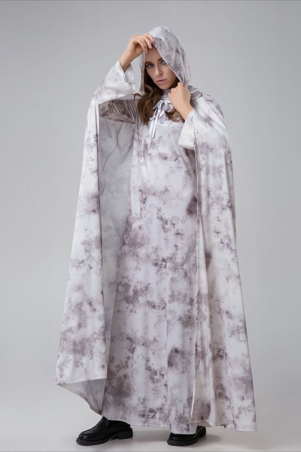 Halloween Ghost Bride Cape Long Sleeve Maxi Dress