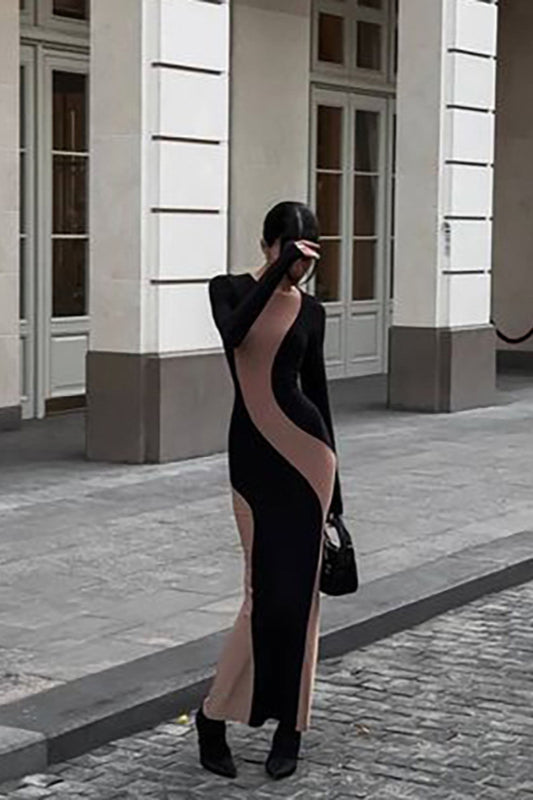 Sexy Color Block Long Sleeve Bodycon Maxi Dress