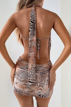 Backless Zebra Halter Cowl Neck Mini Dress