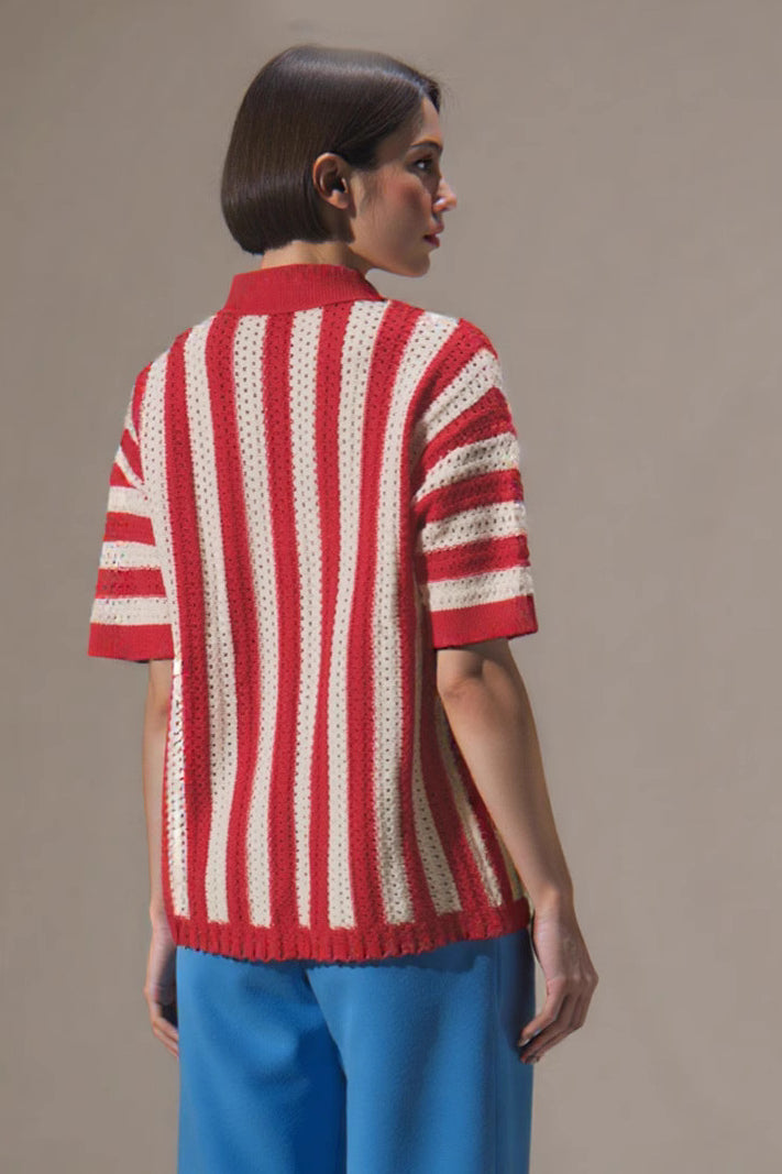 Colorblock Striped Folded Collar Knit Cardigan