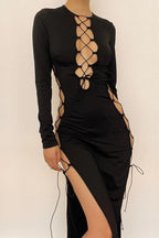 Sexy Hollow Tie Detail Long Sleeve Bodycon Maxi Dress