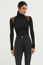 High Neck Mesh Panel Bodysuit Knit Top