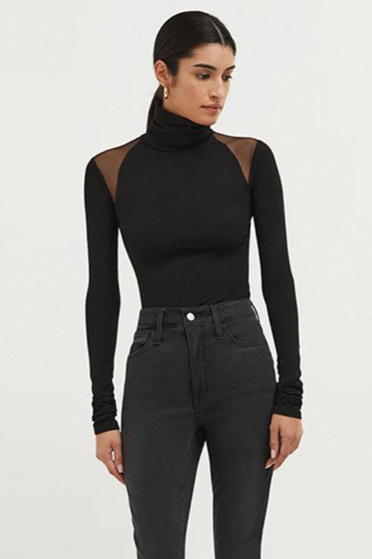 High Neck Mesh Panel Bodysuit Knit Top