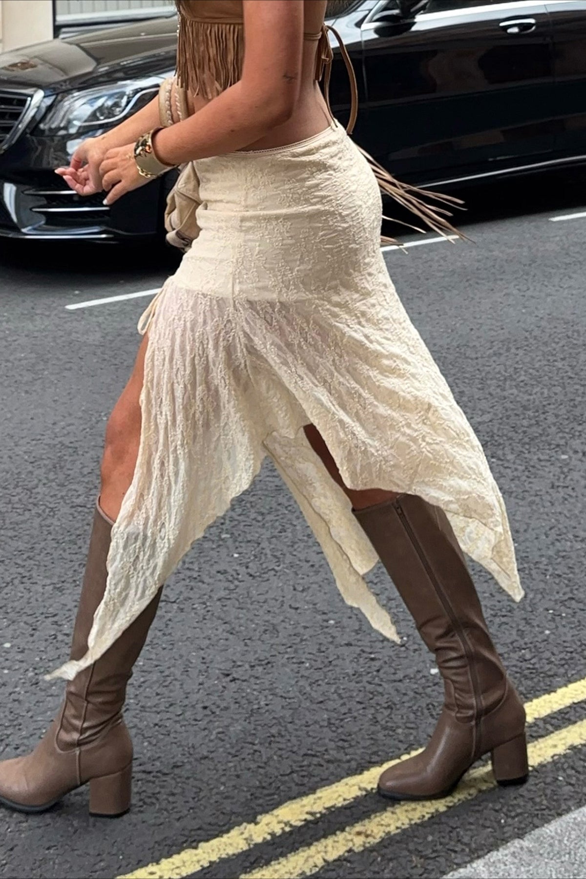 Lace Ruched Split Asymmetrical A-line Skirt