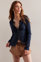 Solid Color Ribbed Buttoned Round Neck Cardigan