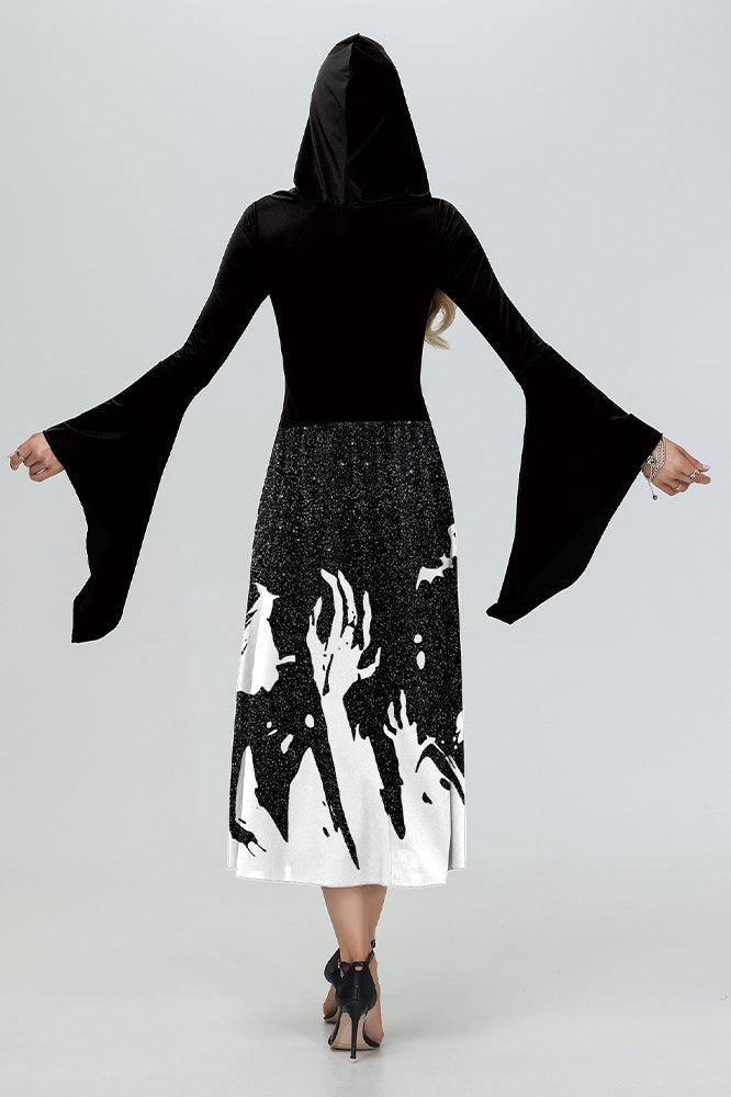 Witch Hooded Skeleton Spider Print Maxi Dress