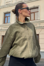 Casual Green Suede Collar Jacket
