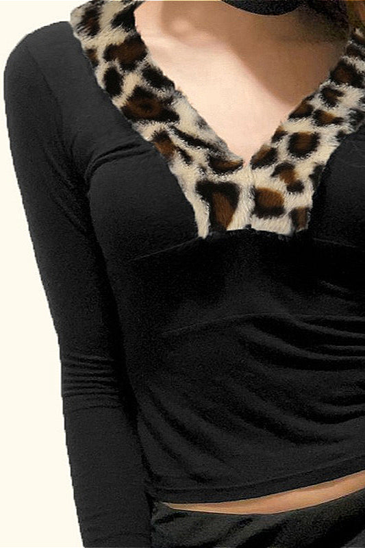 Leopard Print Fleece V-neck Slim Fit Blouse