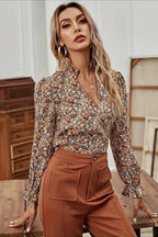 Sheer Floral V-Neck Casual Blouse