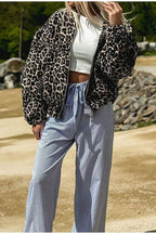 Animal Print Notch Collar Zip-Up Coat