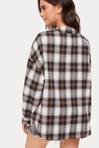 Plaid Stand Collar Button Shirt  Blouse
