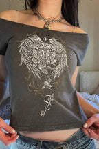 Off Shoulder Wing Print T-shirt