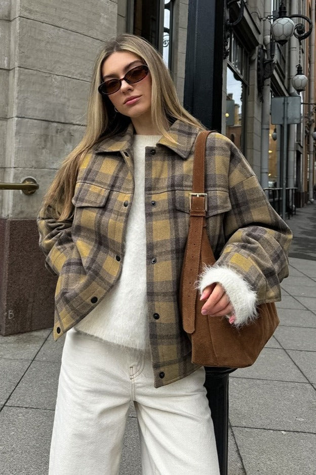 Loose Fit Plaid Wool Coat Jacket