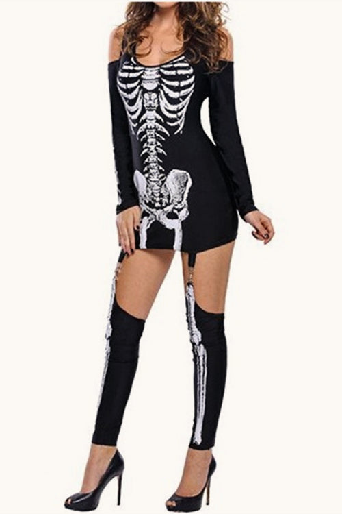 Halloween Skull Print Off-Shoulder Mini Dress