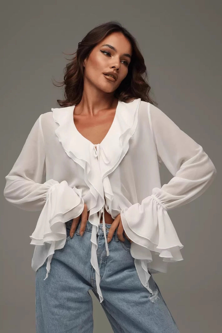 Solid V-Neck Ruffled Flare Sleeve Blouse