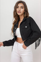 Beaded Fringe Raw Hem Denim Coat