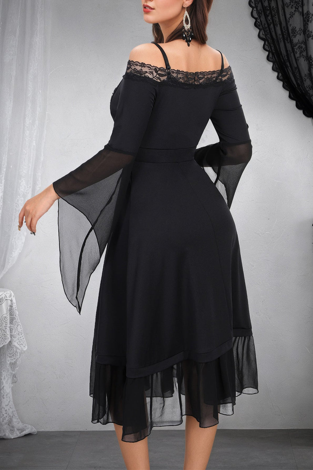 Gothic Dark Flare Sleeve Lace Chiffon A-Line Bodycon Maxi Dress
