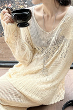 Cotton Embroidered Hollow Knit Blouse