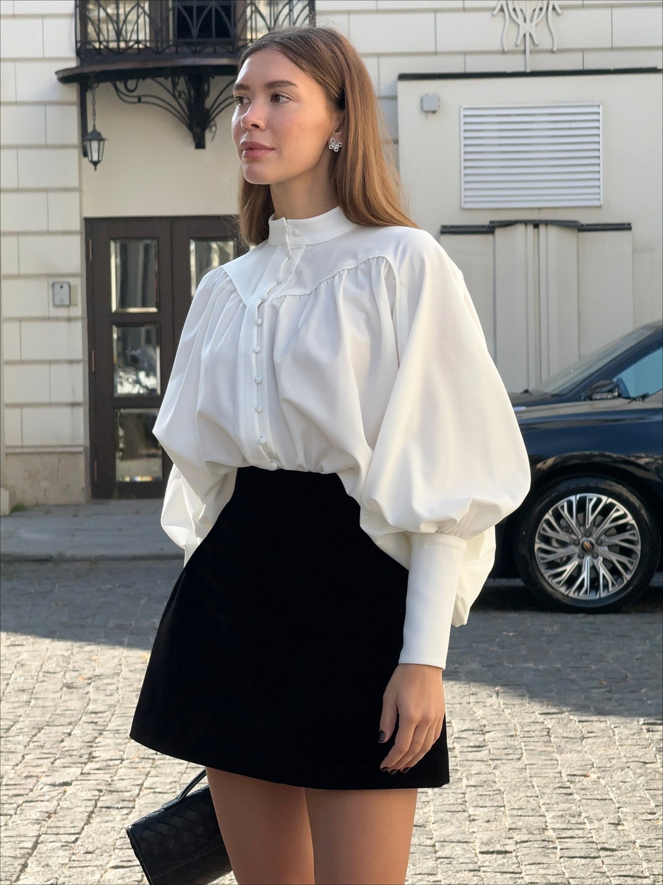 Puff Sleeve Stand Collar White Blouse