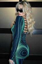 Backless Floral Print Bodycon Long Sleeve Maxi Dress