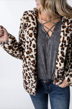 Plush Leopard Print Hooded Warm Coat