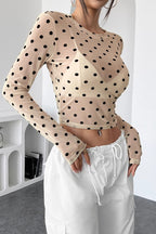 Polka Dot Mesh Slim Fit Long Sleeve Crop Top