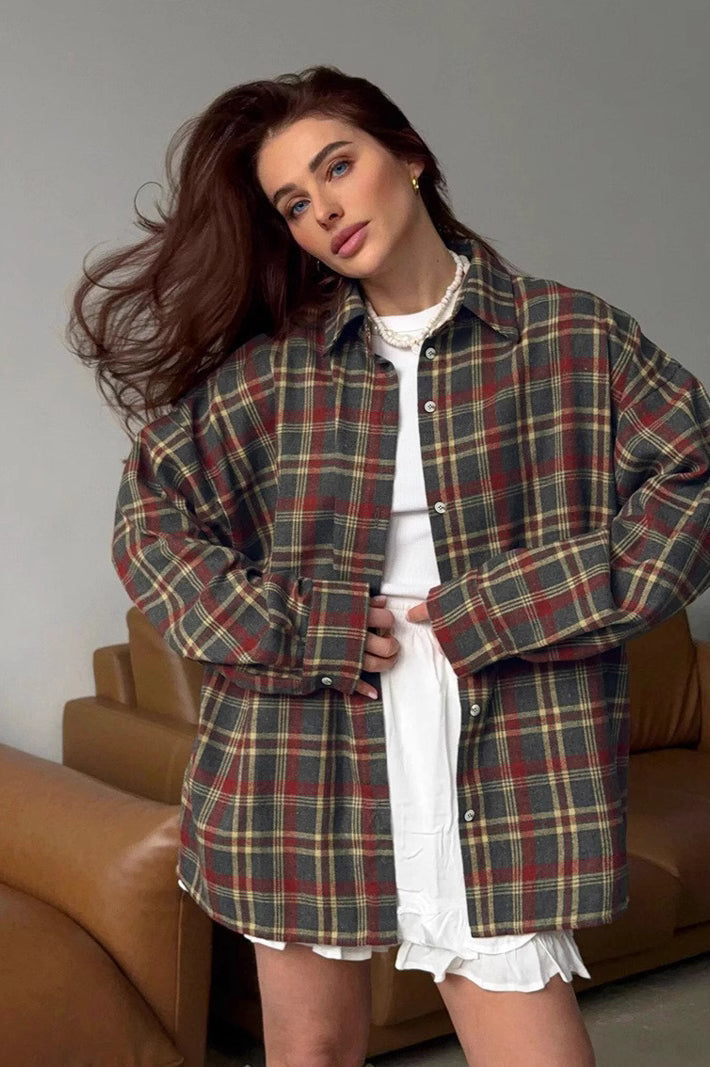 American Style Plaid Mid-Length Blouse