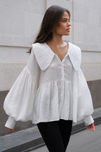 Vintage Baby Collar Pleated Puff Sleeve Blouse