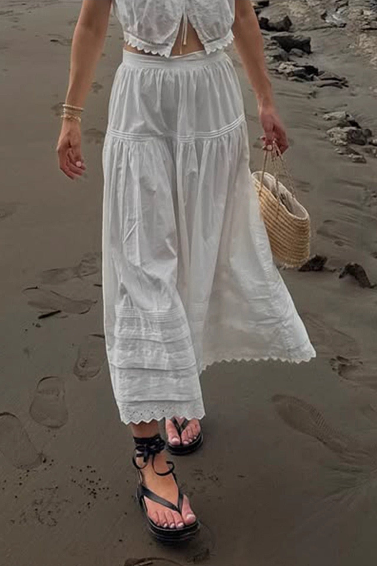 Lace Panel Asymmetrical Maxi Skirt