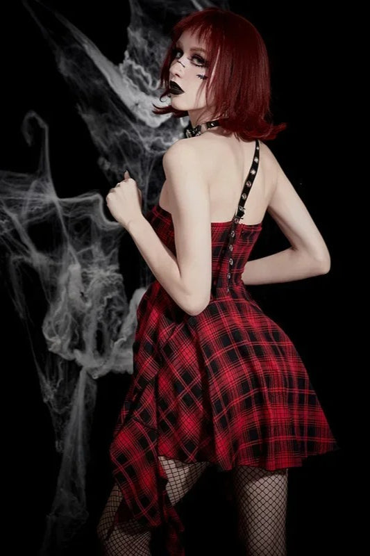 Halloween Sexy Red Black Plaid One Shoulder Dress