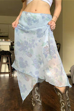 Floral Mesh Asymmetrical Slimming Skirt
