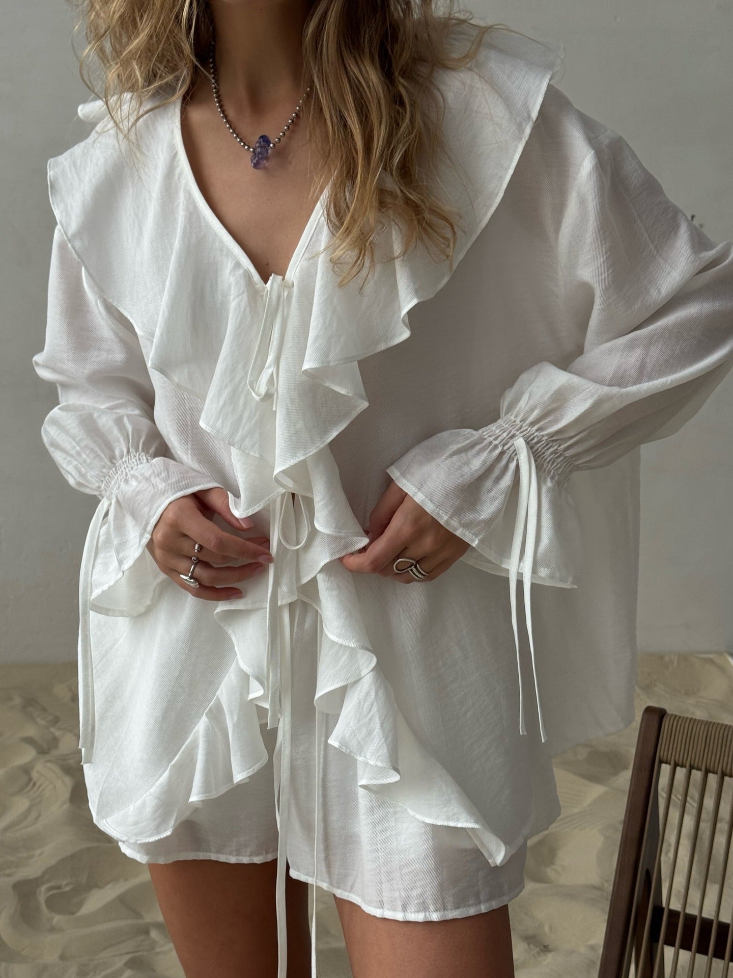 Ruffled Hem Tie Front Cardigan & Shorts Set Blouse