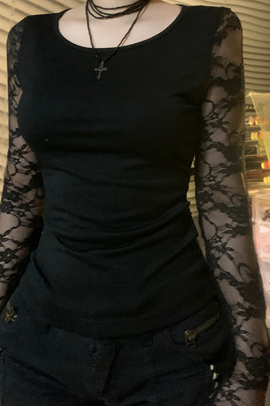 Sheer Lace Backless Slim T-shirt