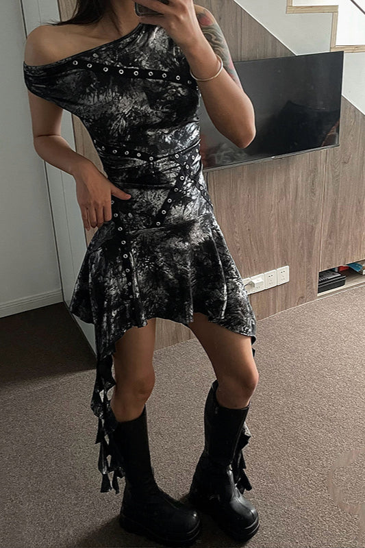 Washed Print One Shoulder Ruffle Mini Dress