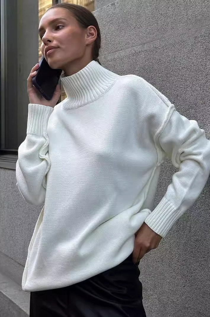 High Neck Patchwork Knit Sweater
