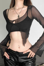 Slim Fit Irregular Mesh Overlay Knit Top