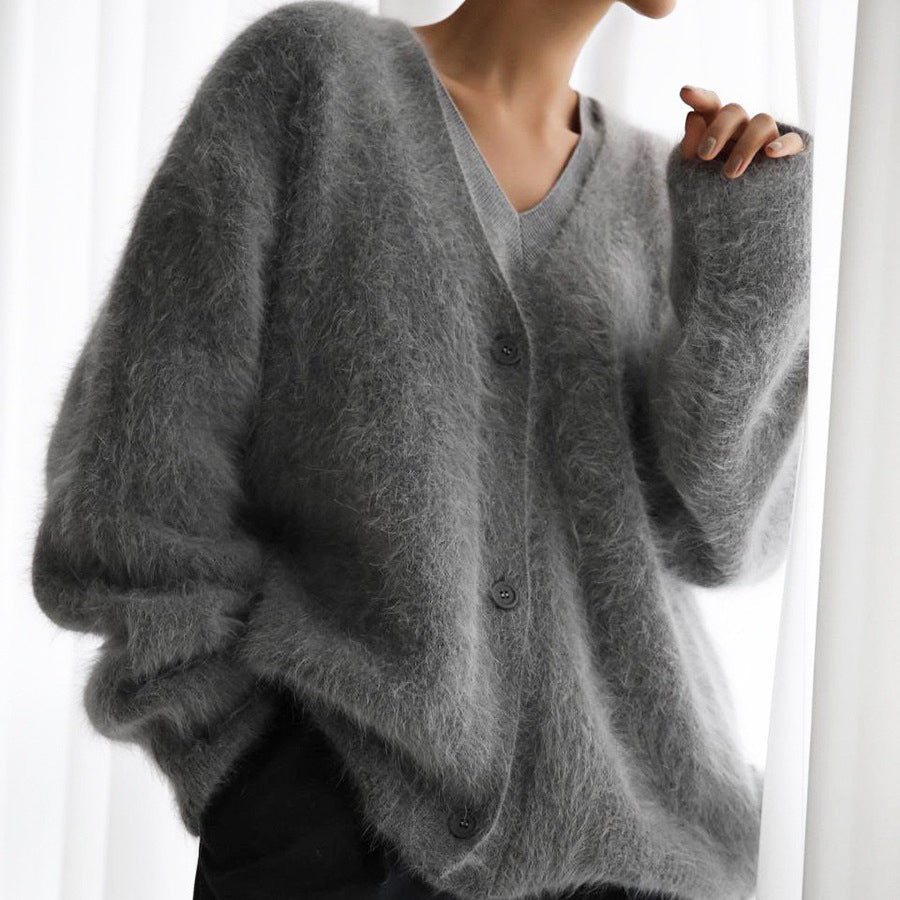 V-Neck Mink Wool Knit Cardigan