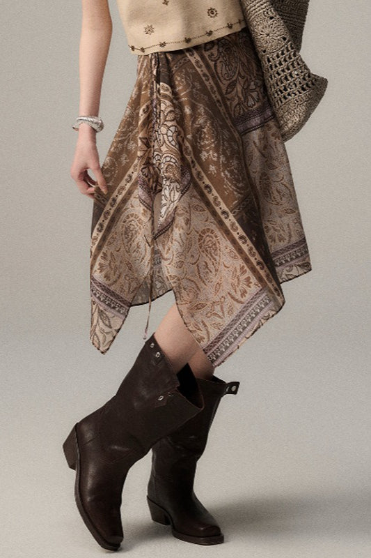 Retro Printed Overlap Midi Skirt