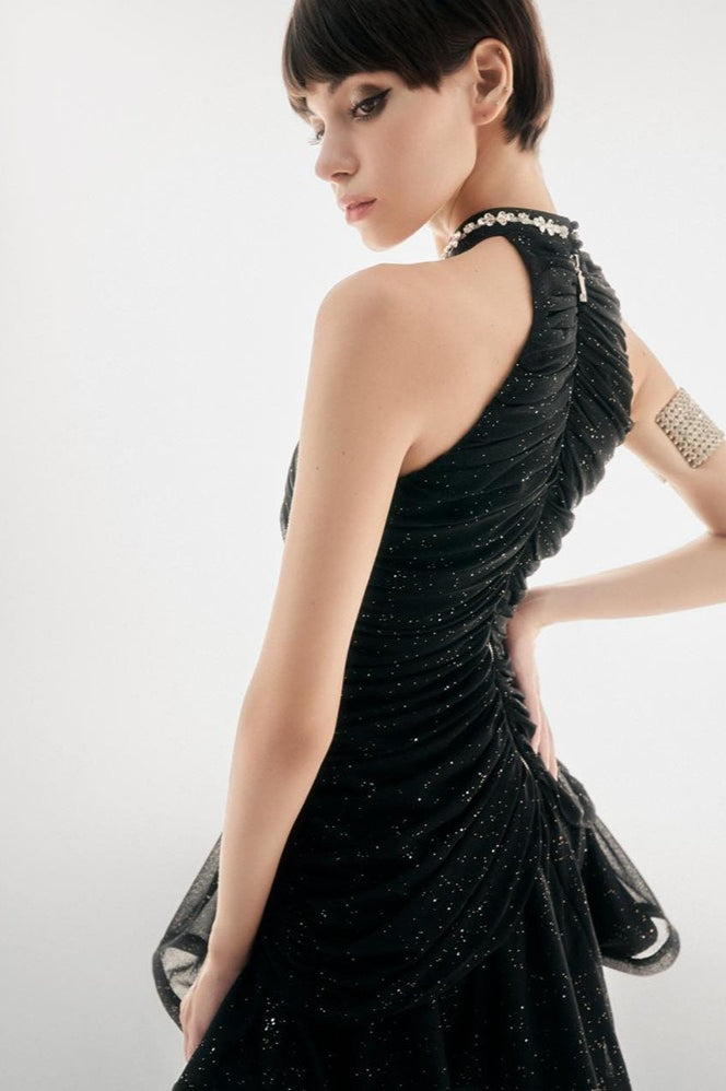 Rhinestone Embellished Round Neck Bodycon Mini Dress