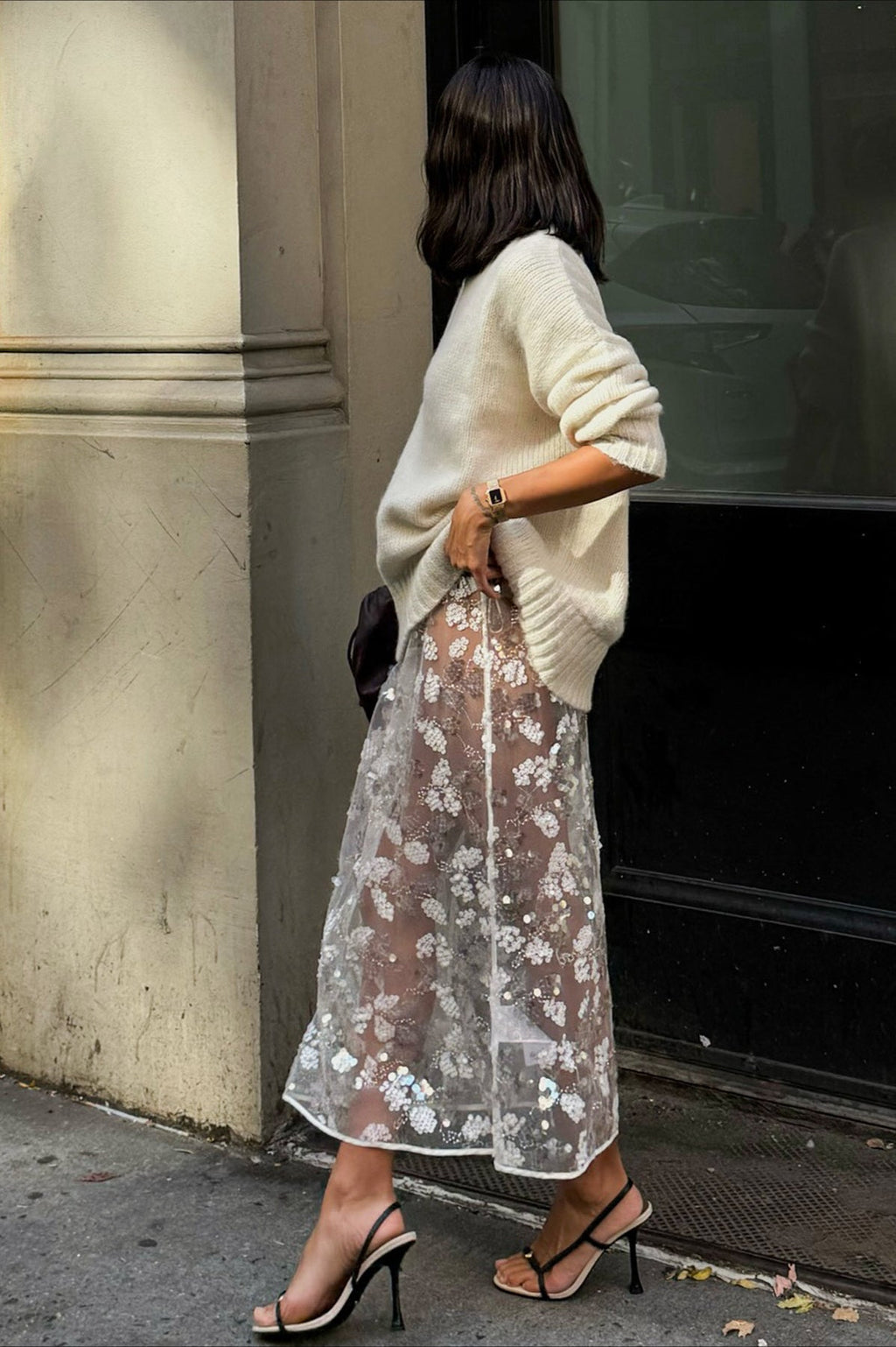 Sequin Lace Midi Skirt with Slit Skirt