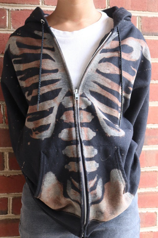 Halloween Skull Print Zip Up Hoodie