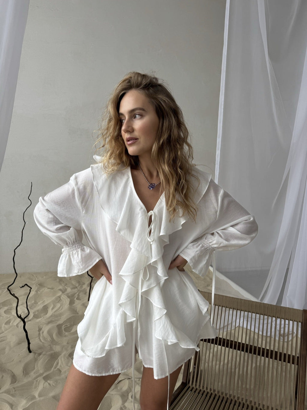 Ruffled Hem Tie Front Cardigan & Shorts Set Blouse