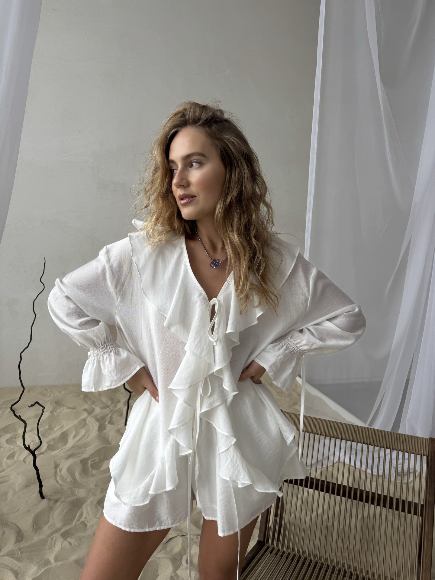 Ruffled Hem Tie Front Cardigan & Shorts Set Blouse