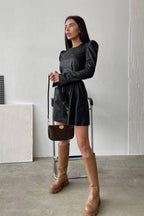 Leather Puff Sleeve Round Neck Mini Dress
