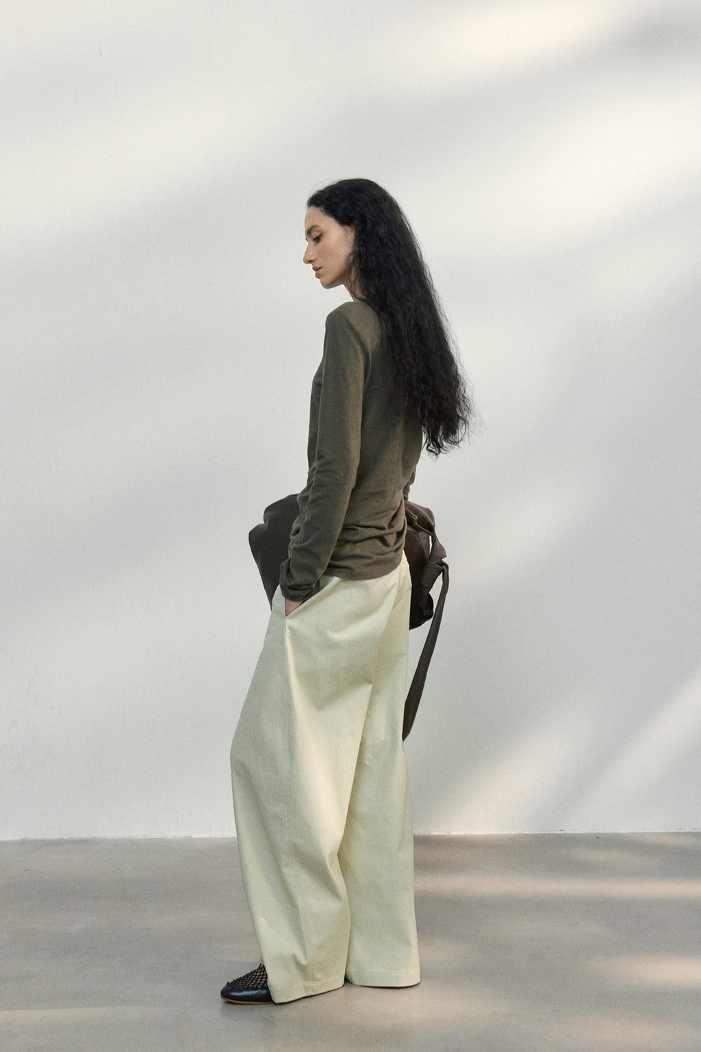 Fitted Textured Pleated Cotton Linen Knit Sweater