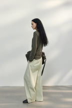 Fitted Textured Pleated Cotton Linen Knit Sweater